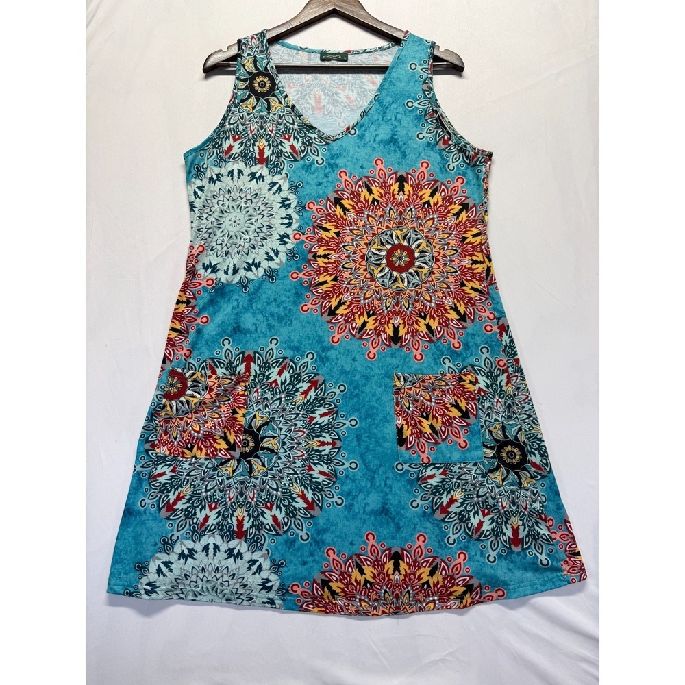 Ofeefan Sundress Womens Large Multicolor Mandala Print Stretch V Neck Beach